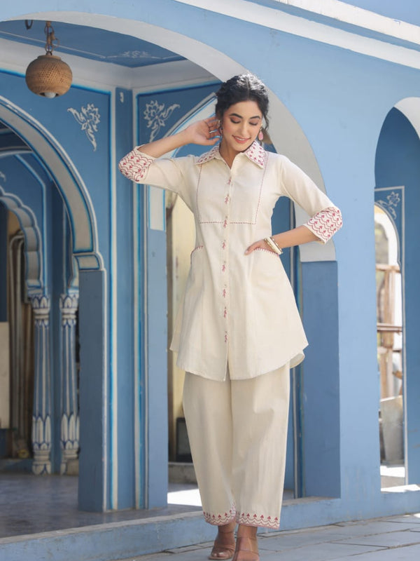 Maroon Embroidered Beige Cotton Co-ord Set