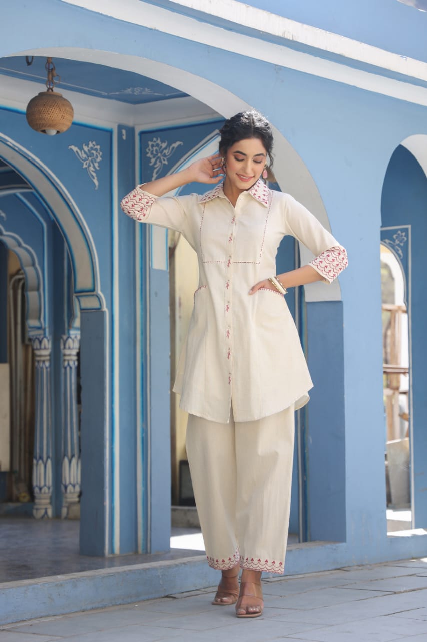 Maroon Embroidered Beige Cotton Co-ord Set