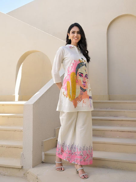 Whispering Beauty Cotton Printed White Co-ord Set