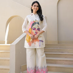 Whispering Beauty Cotton Printed White Co-ord Set