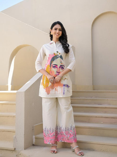 Whispering Beauty Cotton Printed White Co-ord Set