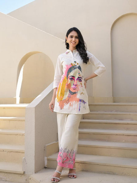 Whispering Beauty Cotton Printed White Co-ord Set