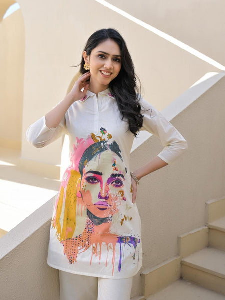 Whispering Beauty Cotton Printed White Co-ord Set