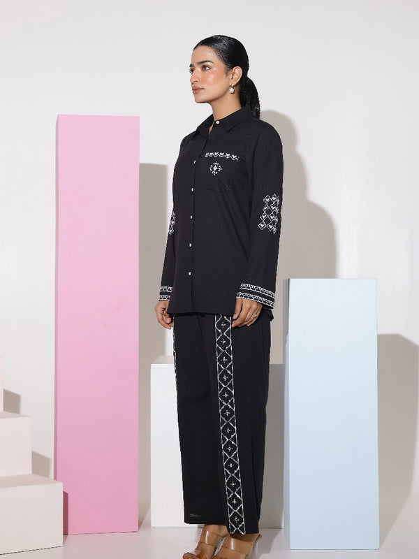 Black Full Sleeves White Embroidery Co-ord Set