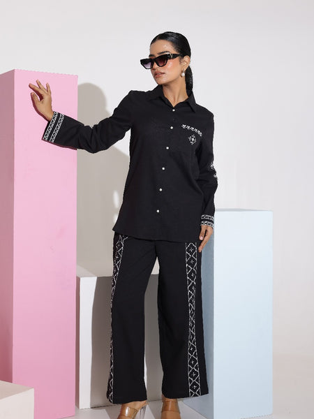 Black Full Sleeves White Embroidery Co-ord Set