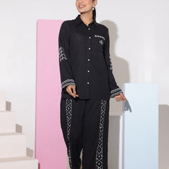Black Full Sleeves White Embroidery Co-ord Set