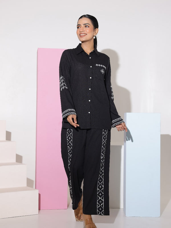 Black Full Sleeves White Embroidery Co-ord Set
