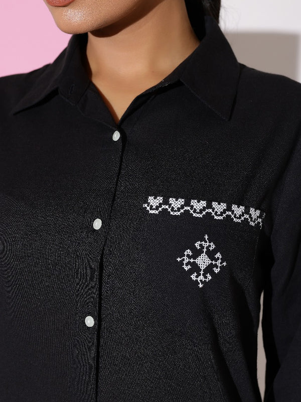 Black Full Sleeves White Embroidery Co-ord Set