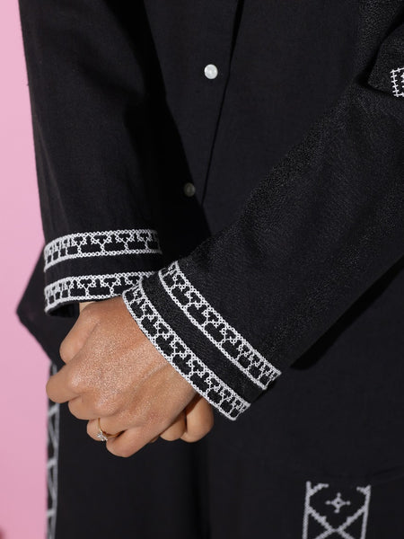 Black Full Sleeves White Embroidery Co-ord Set