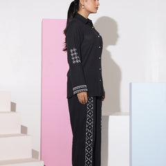 Black Full Sleeves White Embroidery Co-ord Set