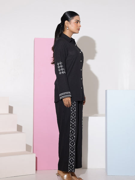 Black Full Sleeves White Embroidery Co-ord Set