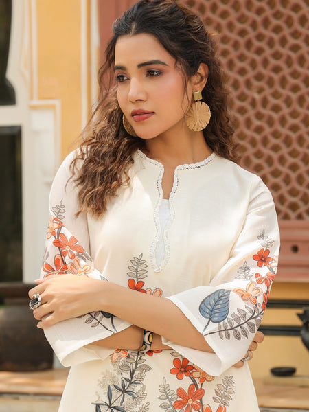 Elegant White Linen Printed Co-ord Set with Floral Design