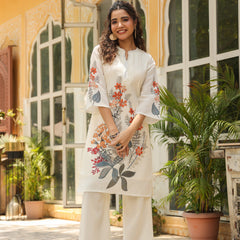 Elegant White Linen Printed Co-ord Set with Floral Design