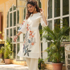 Elegant White Linen Printed Co-ord Set with Floral Design