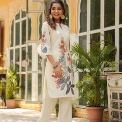 Elegant White Linen Printed Co-ord Set with Floral Design