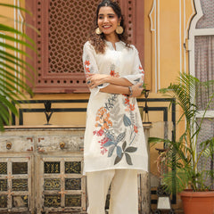 Elegant White Linen Printed Co-ord Set with Floral Design