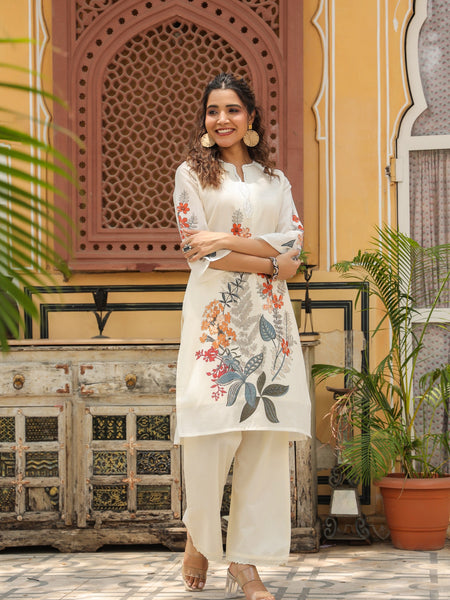 Elegant White Linen Printed Co-ord Set with Floral Design