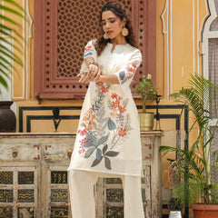 Elegant White Linen Printed Co-ord Set with Floral Design