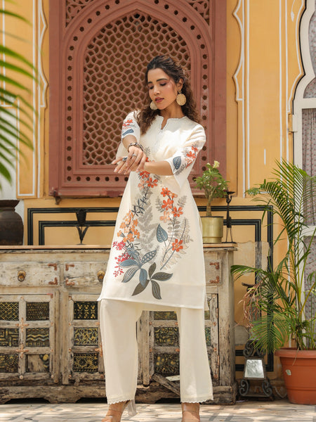 Elegant White Linen Printed Co-ord Set with Floral Design