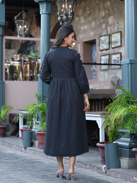 Black Floral Embroidered Midi Dress