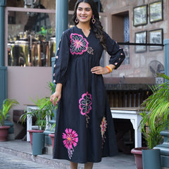 Black Floral Embroidered Midi Dress