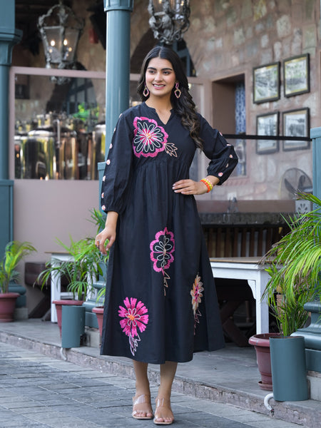 Black Floral Embroidered Midi Dress
