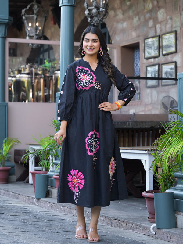 Black Floral Embroidered Midi Dress