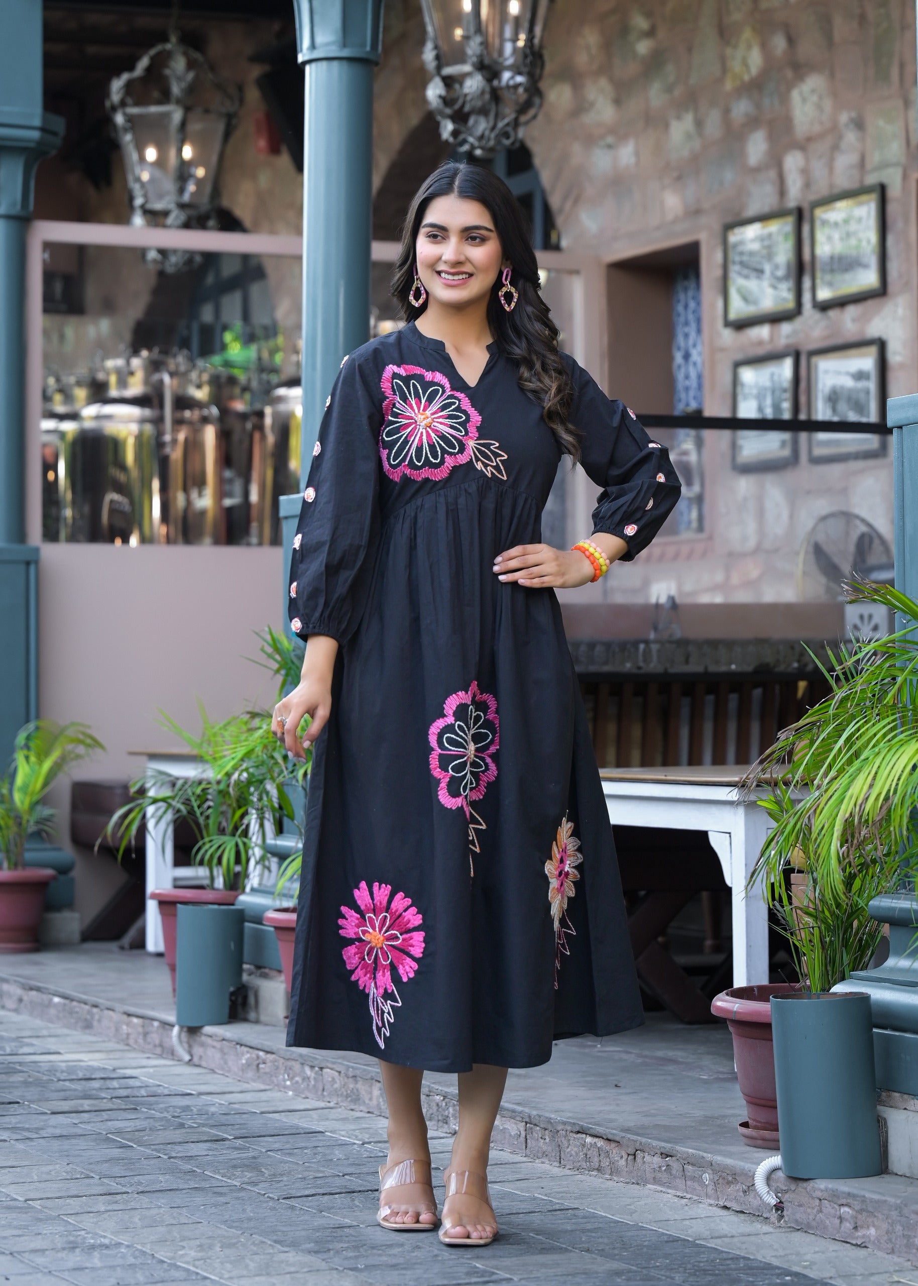 Black Floral Embroidered Midi Dress