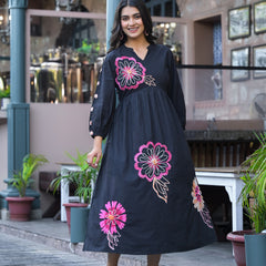 Black Floral Embroidered Midi Dress