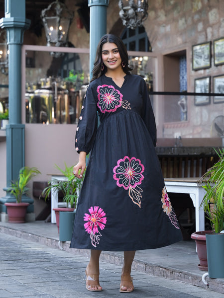 Black Floral Embroidered Midi Dress