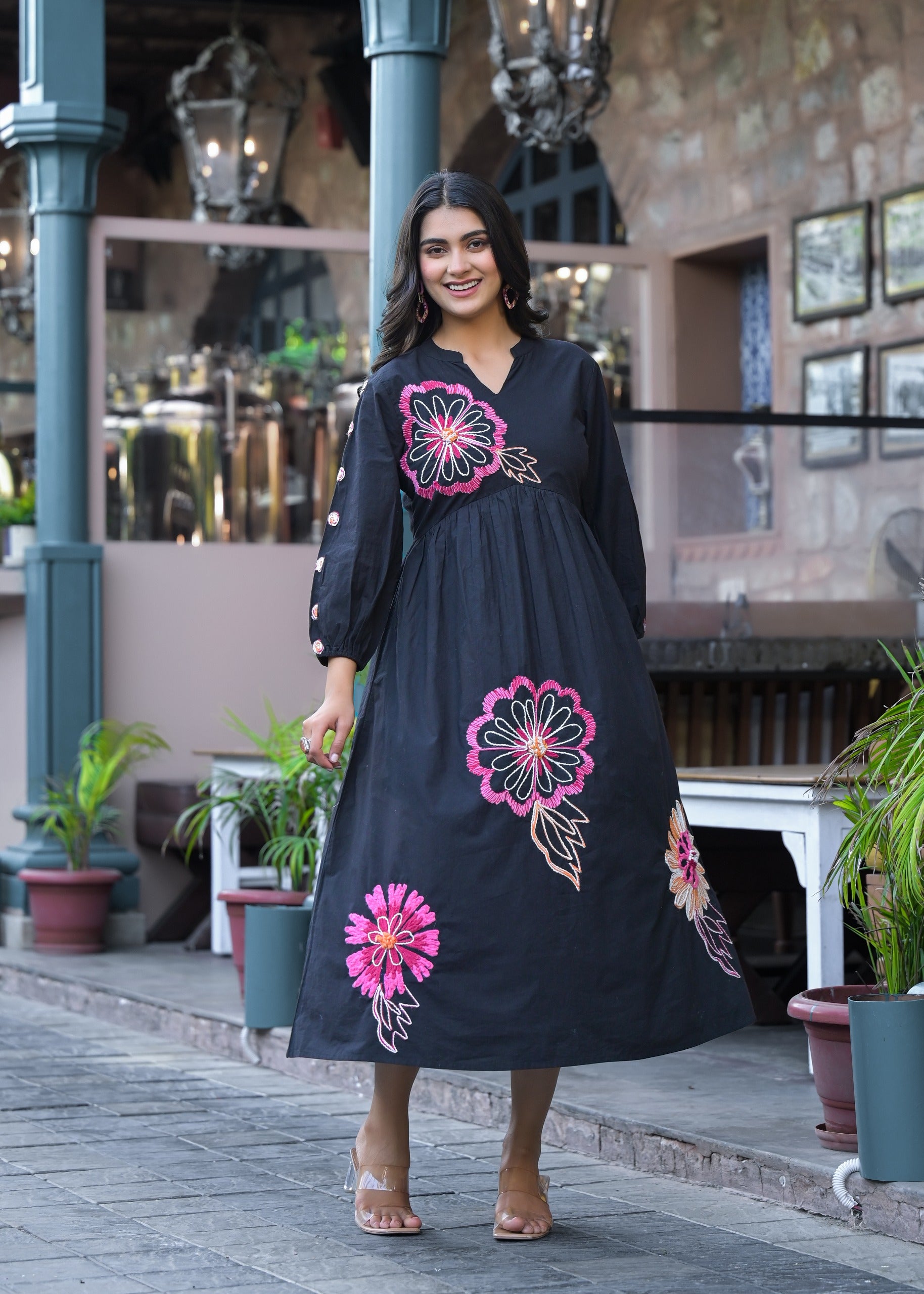 Black Floral Embroidered Midi Dress