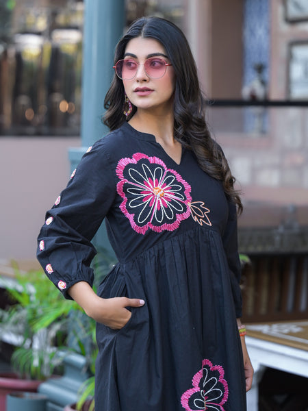 Black Floral Embroidered Midi Dress