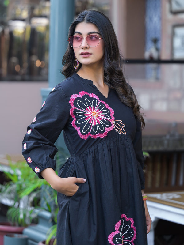 Black Floral Embroidered Midi Dress