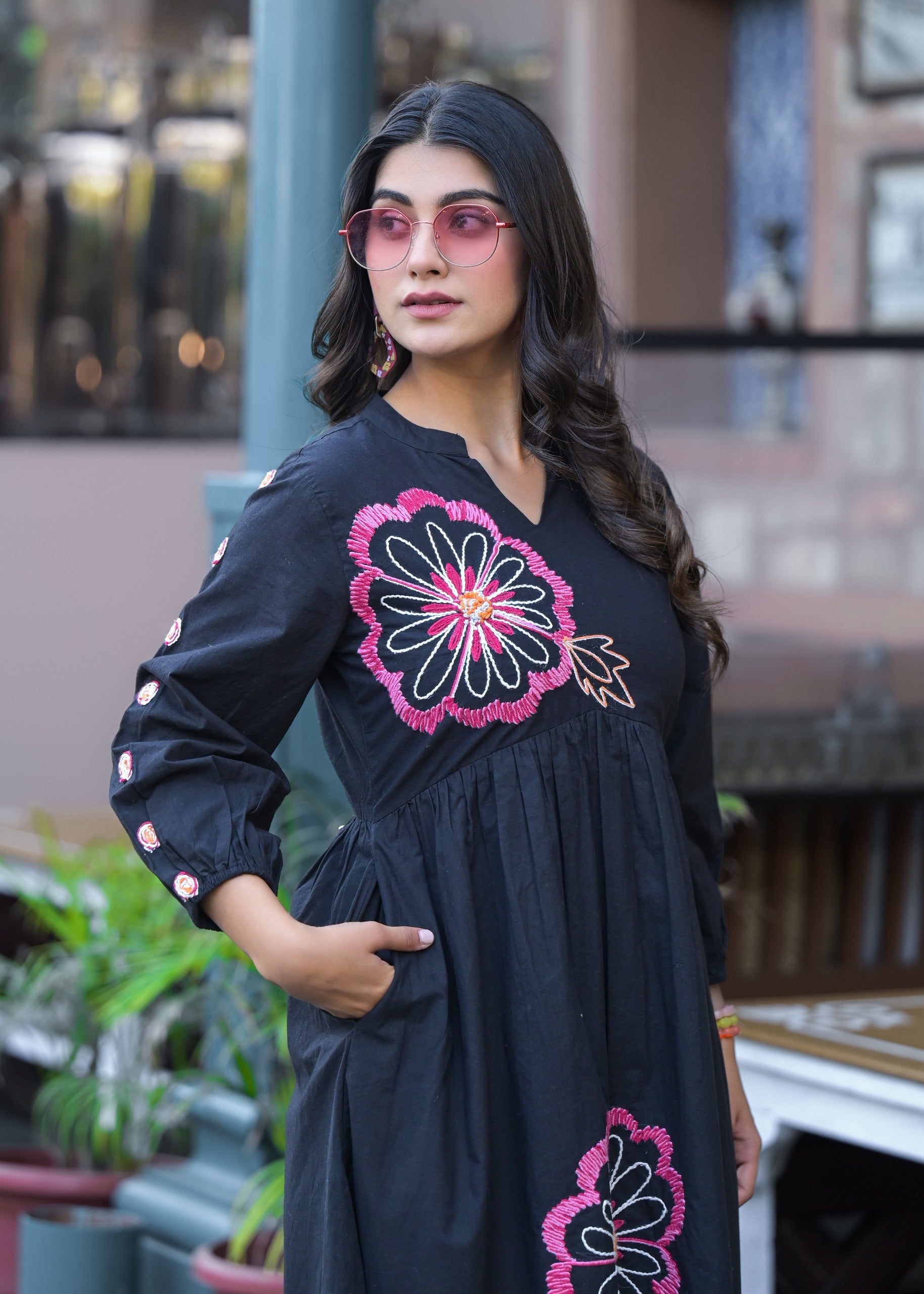 Black Floral Embroidered Midi Dress