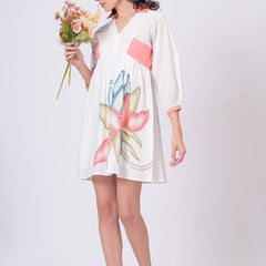 Printed Cotton Cambric Mini Dress with Soft Pink Detailing