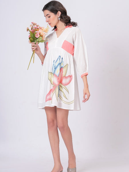 Printed Cotton Cambric Mini Dress with Soft Pink Detailing