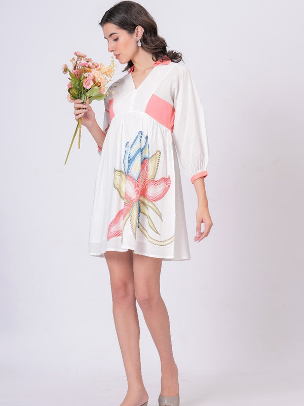 Printed Cotton Cambric Mini Dress with Soft Pink Detailing