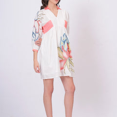 Printed Cotton Cambric Mini Dress with Soft Pink Detailing