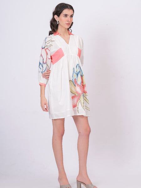 Printed Cotton Cambric Mini Dress with Soft Pink Detailing