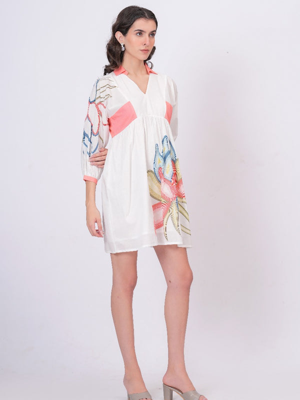 Printed Cotton Cambric Mini Dress with Soft Pink Detailing