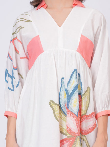 Printed Cotton Cambric Mini Dress with Soft Pink Detailing