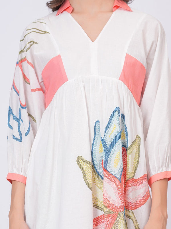 Printed Cotton Cambric Mini Dress with Soft Pink Detailing