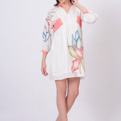 Printed Cotton Cambric Mini Dress with Soft Pink Detailing