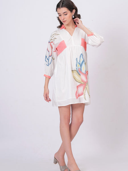 Printed Cotton Cambric Mini Dress with Soft Pink Detailing