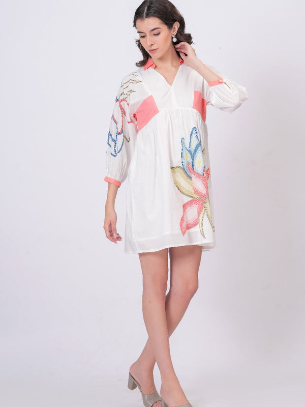 Printed Cotton Cambric Mini Dress with Soft Pink Detailing