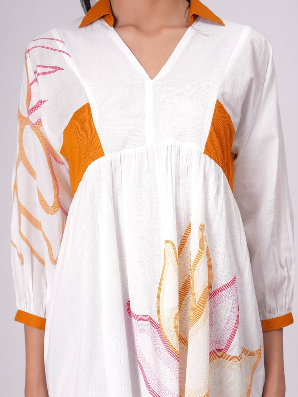 Printed Cotton Cambric Mini Dress with Mustard Accents