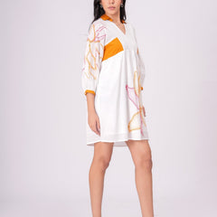 Printed Cotton Cambric Mini Dress with Mustard Accents
