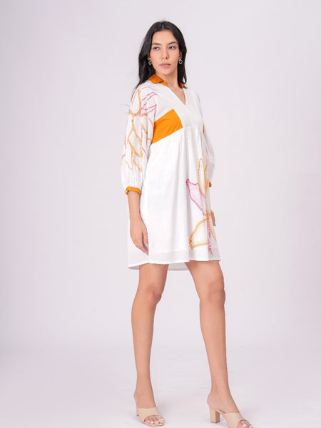 Printed Cotton Cambric Mini Dress with Mustard Accents