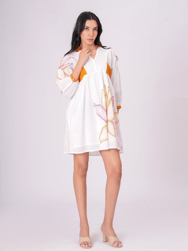 Printed Cotton Cambric Mini Dress with Mustard Accents