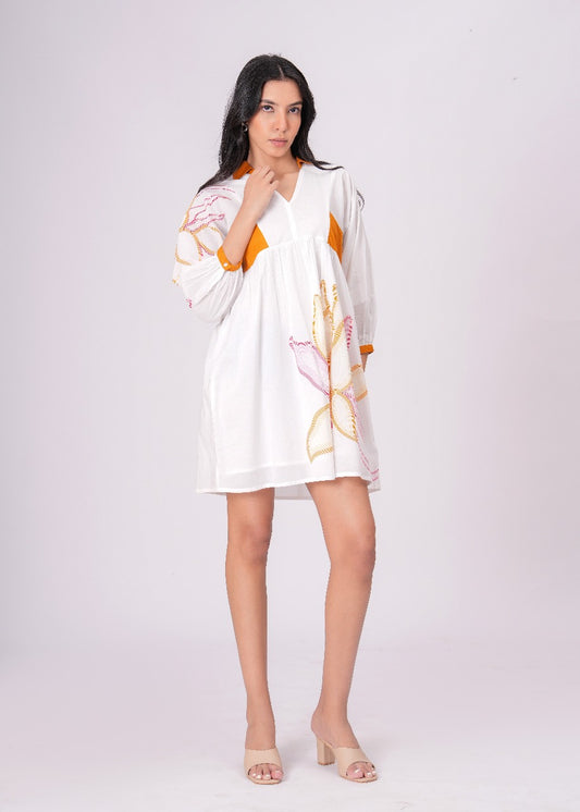 Printed Cotton Cambric Mini Dress with Mustard Accents